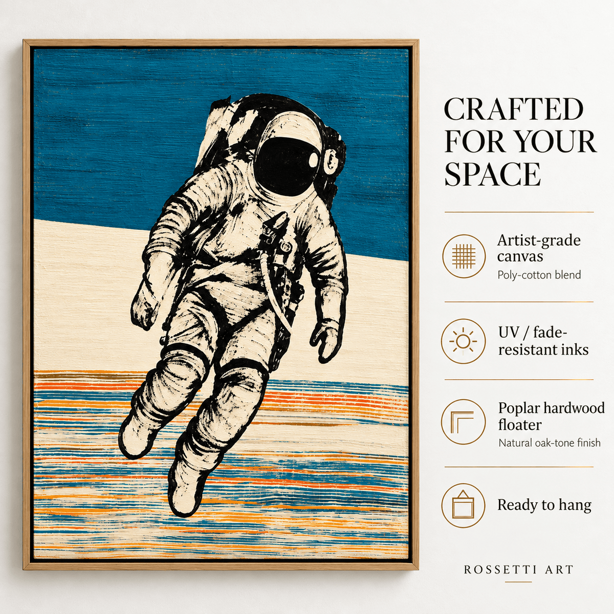 Astronaut Painting – Weightless Horizon Canvas Print by Rossetti Art, front view with canvas, ink, floater frame and ready-to-hang details