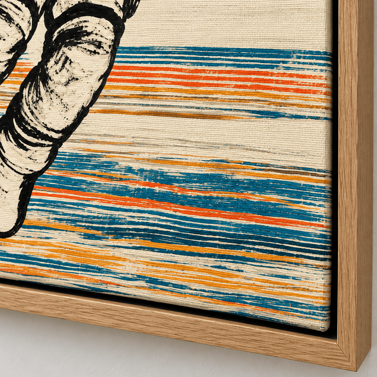 Astronaut Painting – Weightless Horizon Canvas Print by Rossetti Art, close-up of the canvas texture, blue, orange and yellow stripes and frame corner