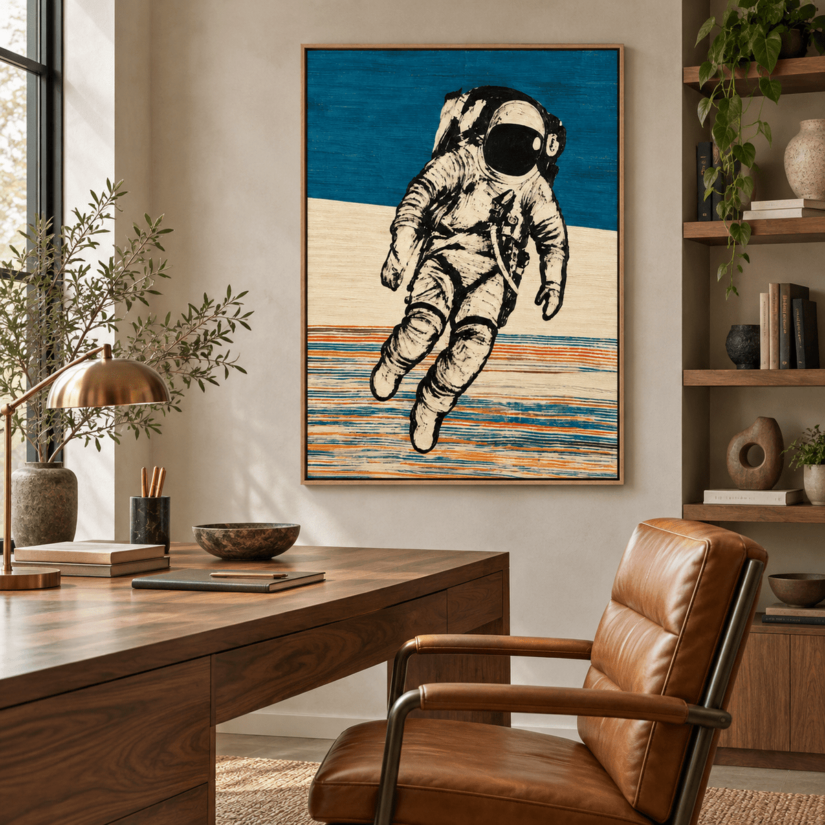 Astronaut Painting – Weightless Horizon Canvas Print by Rossetti Art on the wall of a home office above a wooden desk