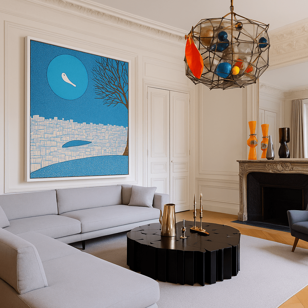 Canvas Print : Azure Serenity - Blue Cityscape and Tree Canvas Art modern abstract canvas wall art by Rossetti Art – luxury interior design artwork for living room, bedroom, office – Azure Serenity Cityscape And Tree Art tranquil tree wall art