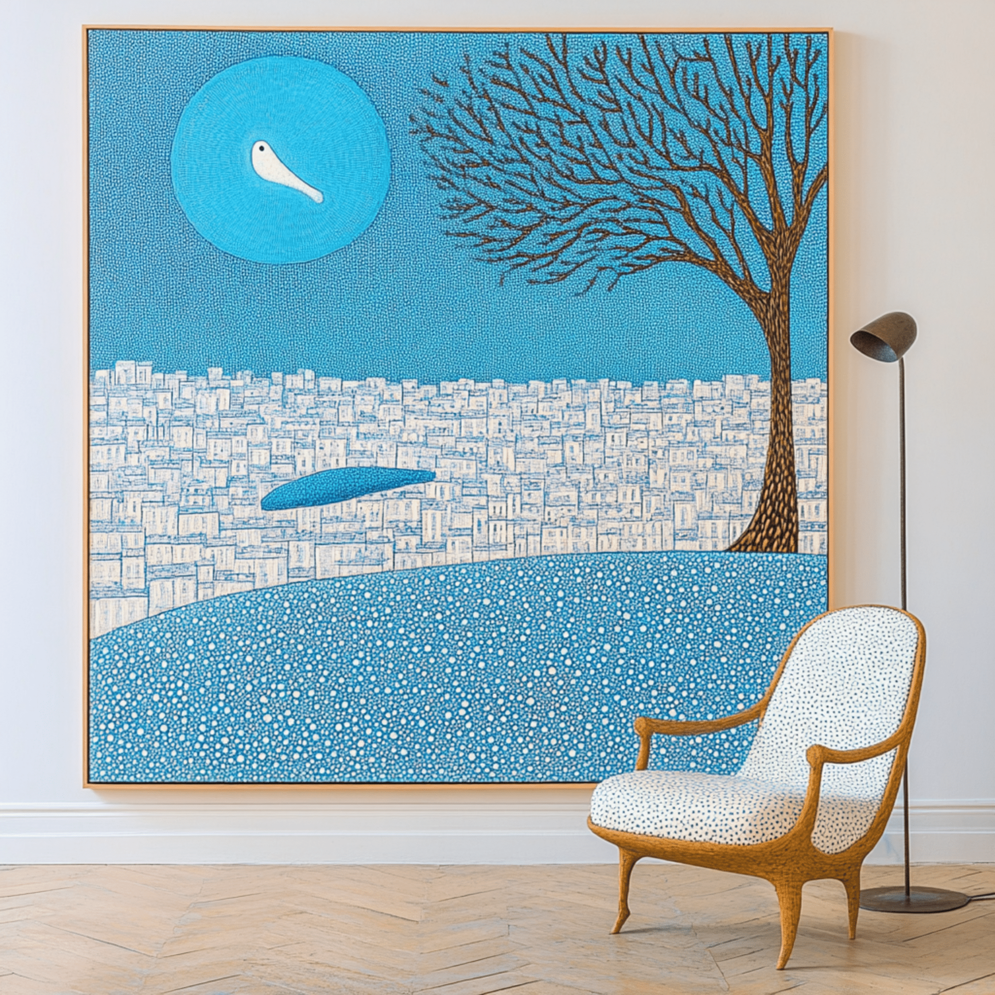 Canvas Print : Azure Serenity - Blue Cityscape and Tree Canvas Art modern abstract canvas wall art by Rossetti Art – luxury interior design artwork for living room, bedroom, office – Azure Serenity Cityscape And Tree Art tranquil tree wall art