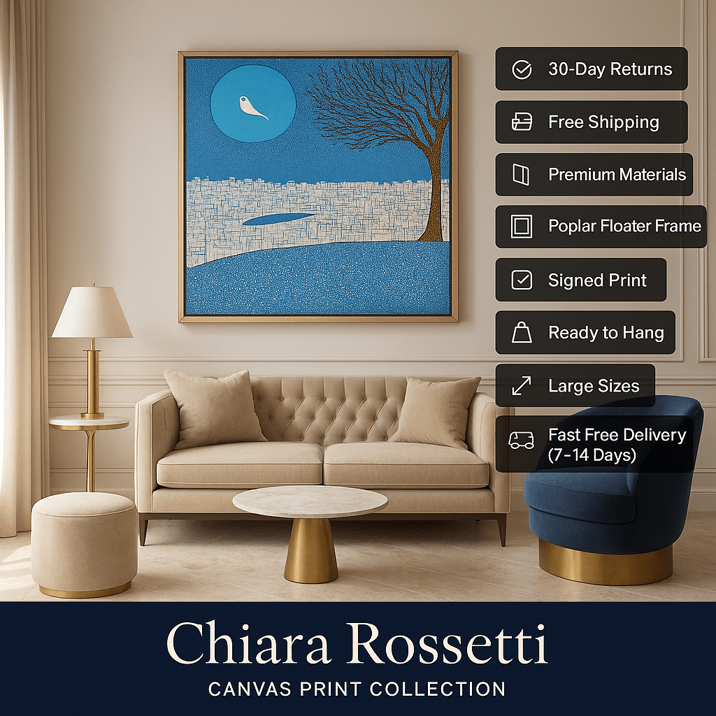 Canvas Print : Azure Serenity - Blue Cityscape and Tree Canvas Art modern abstract canvas wall art by Rossetti Art – luxury interior design artwork for living room, bedroom, office – Azure Serenity Cityscape And Tree Art tranquil tree wall art