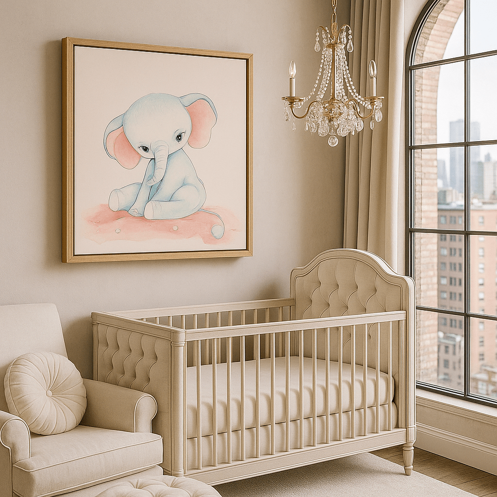 Canvas Print: Baby Elephant Dreams – Soft Pastel Nursery Wall Art modern abstract canvas wall art by Rossetti Art – luxury interior design artwork for living room, bedroom, office – Contemporary Art for Sale contemporary art piece Contemporary art print