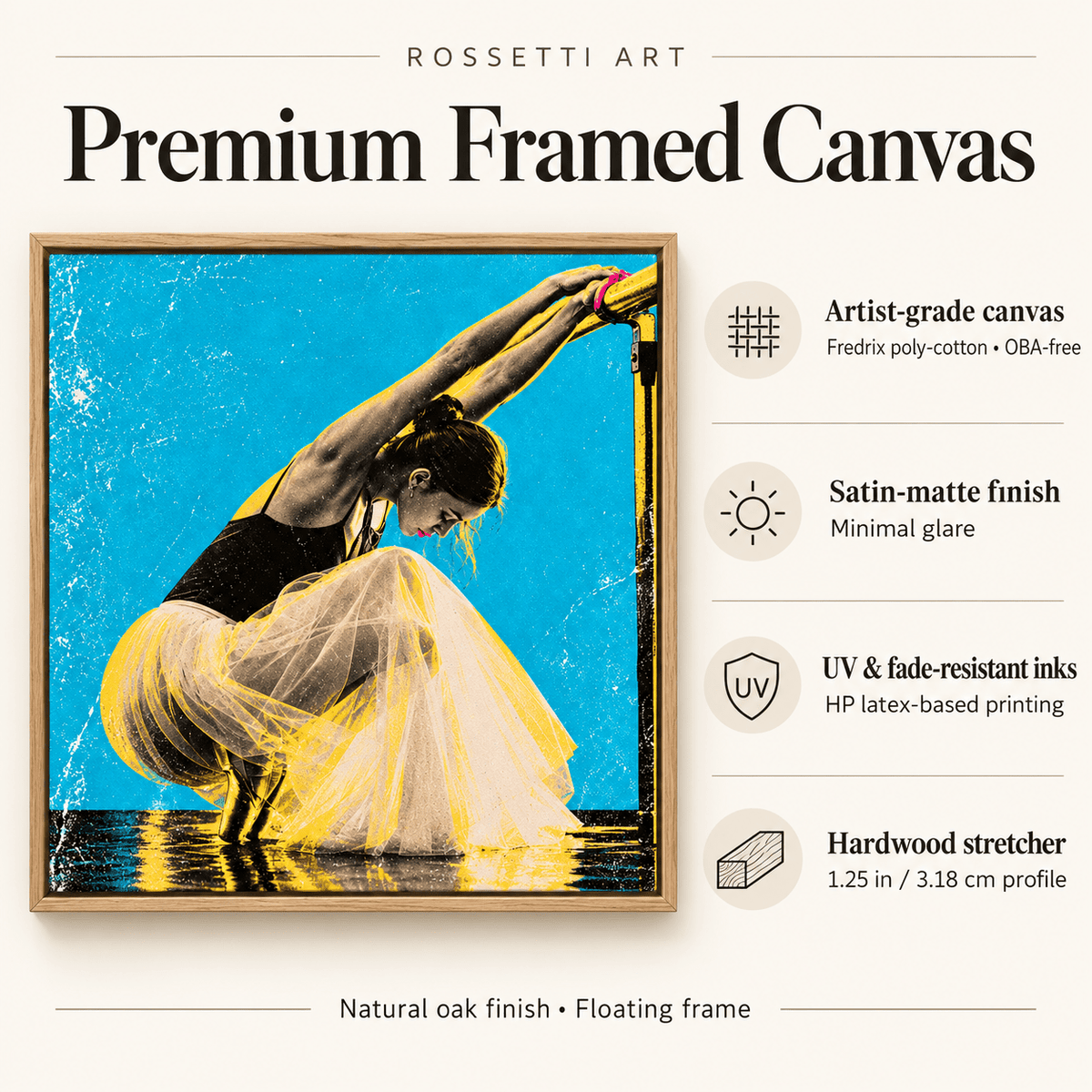 Premium framed canvas details: artist-grade canvas, satin-matte finish, UV and fade-resistant inks, 1.25 in hardwood stretcher, oak floating frame – Blue Barre by Rossetti Art