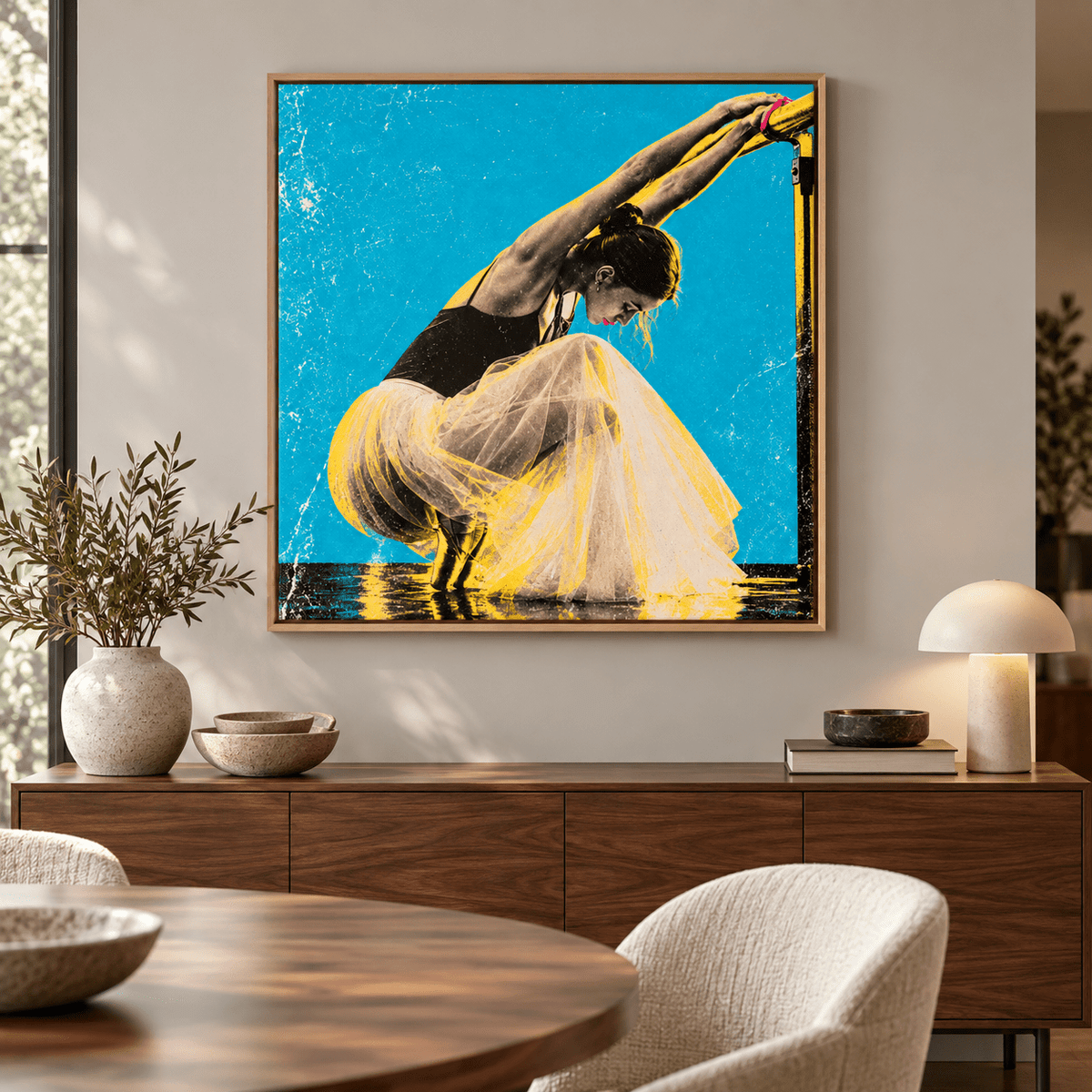 Blue Barre ballet wall art canvas print above a walnut sideboard in a dining room