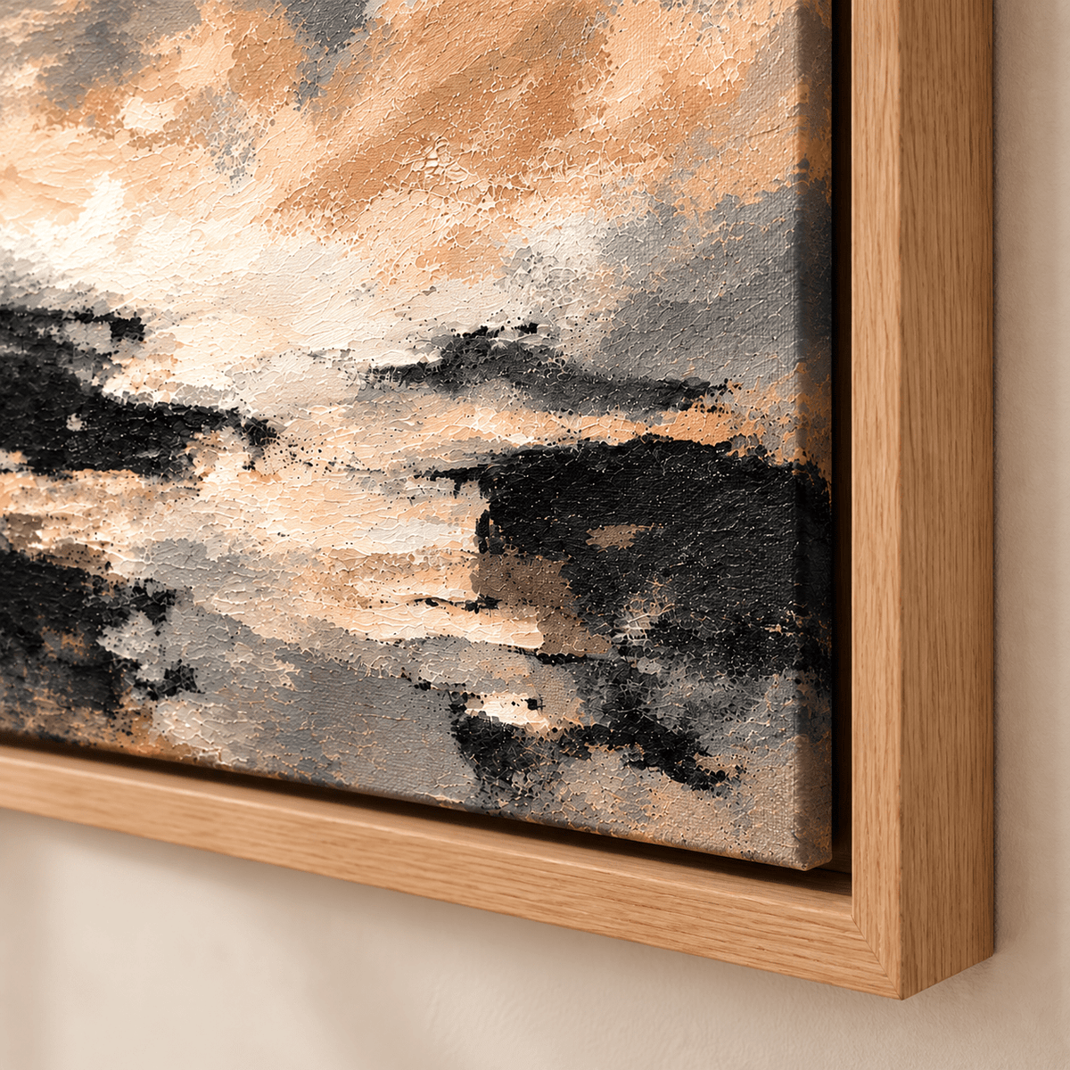 Beige Painting for Living Room – Blush Horizon textured canvas and floater frame close-up by Rossetti Art