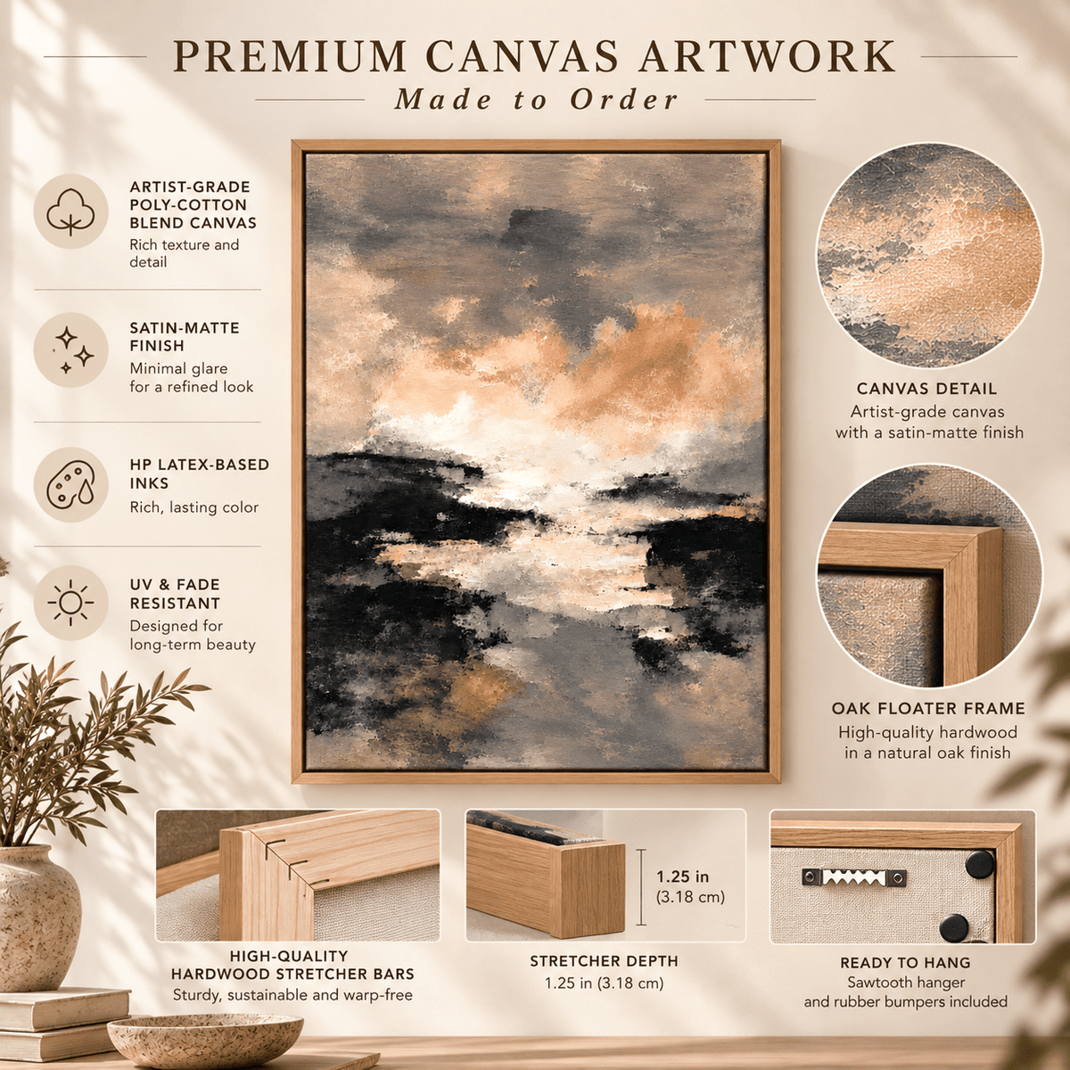 Beige Painting for Living Room – Blush Horizon canvas print materials and details by Rossetti Art