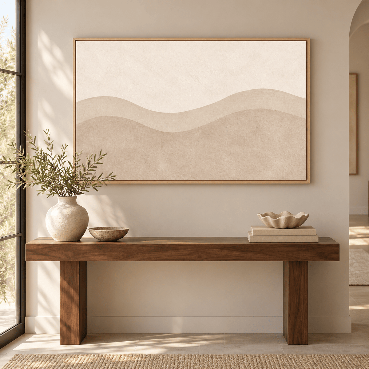 Beige Wall Art – Sand Ridge by Rossetti Art above a walnut console in an entryway