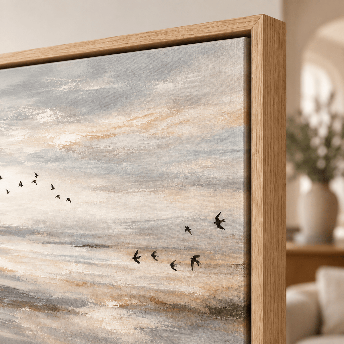 Birds in Flight Wall Art – Soft Passage close-up of the oak floater frame corner, by Rossetti Art