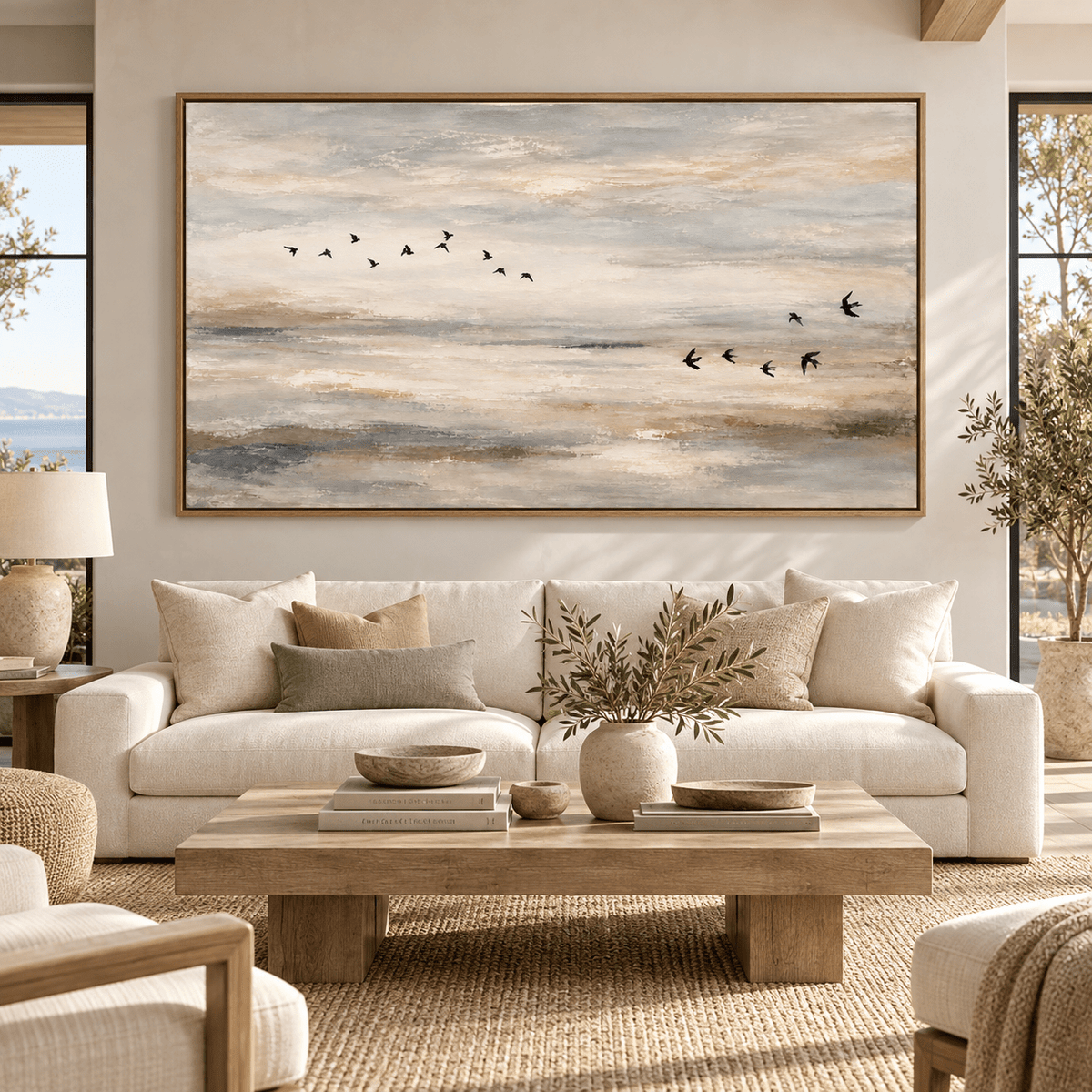 Birds in Flight Wall Art – Soft Passage canvas print above a cream sofa in a bright living room, by Rossetti Art