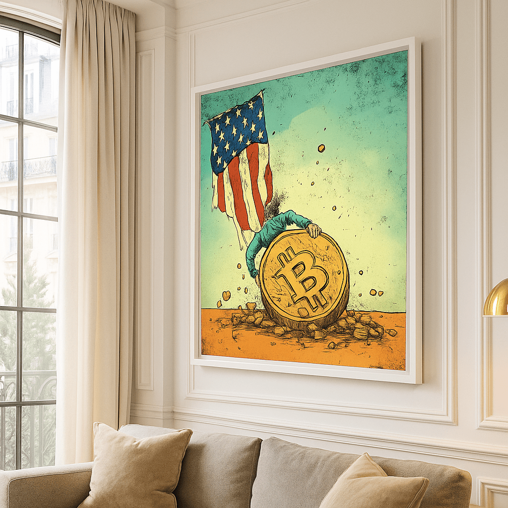 Canvas Print : Bitcoin vs. Tradition: Bold Political Satire Print Artwork modern abstract canvas wall art by Rossetti Art – luxury interior design artwork for living room, bedroom, office – Bitcoin Art Print Bold Wall Art Cryptocurrency Decor