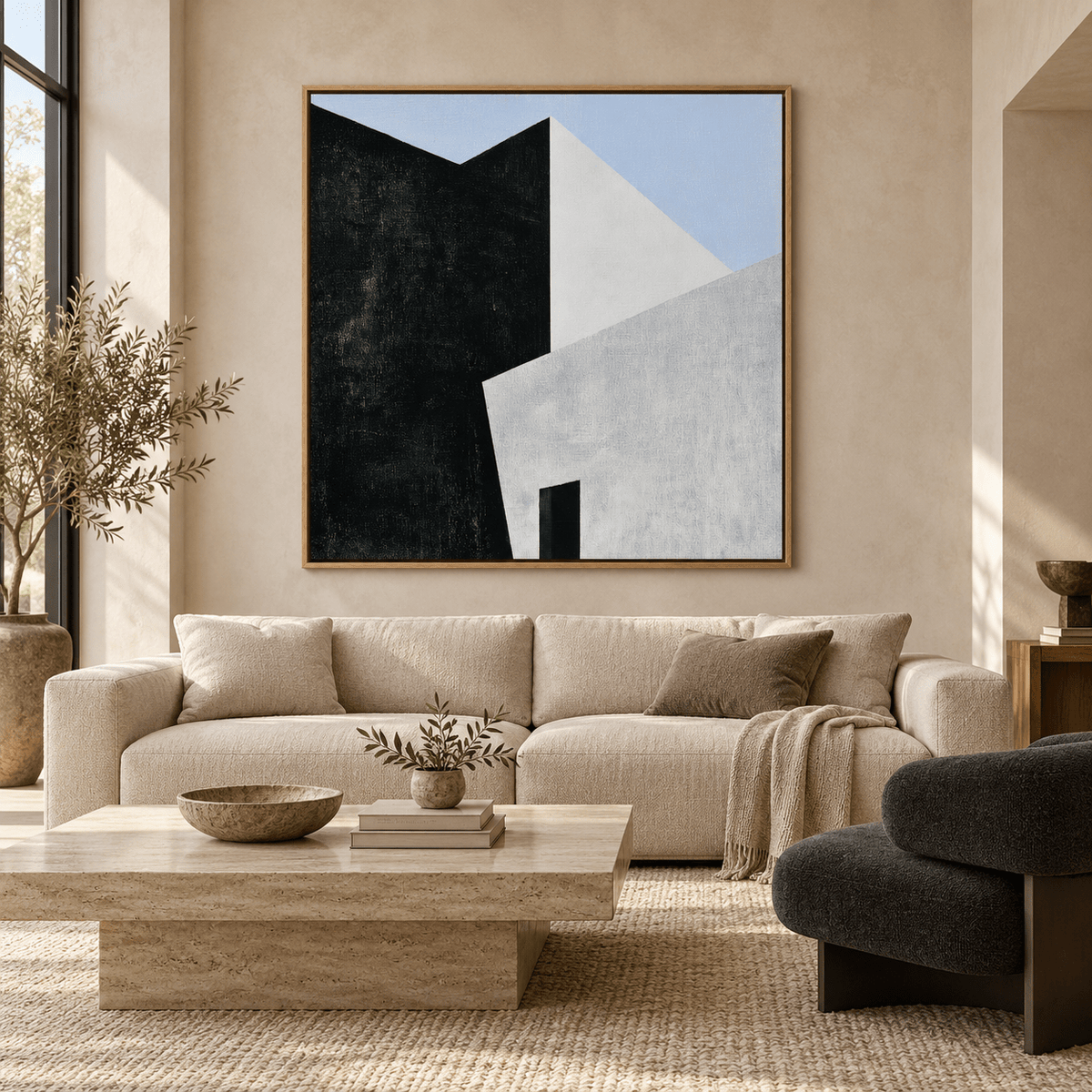 Black and Grey Wall Art Canvas Print – Graphite Monolith above a living room sofa by Rossetti Art