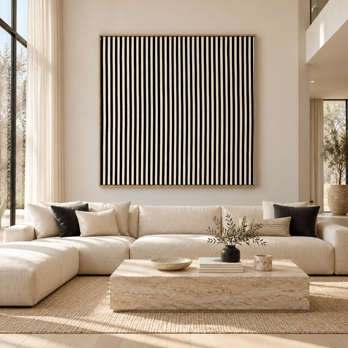 Black and ivory striped wall art Ivory Stripe above a cream sofa in a modern living room
