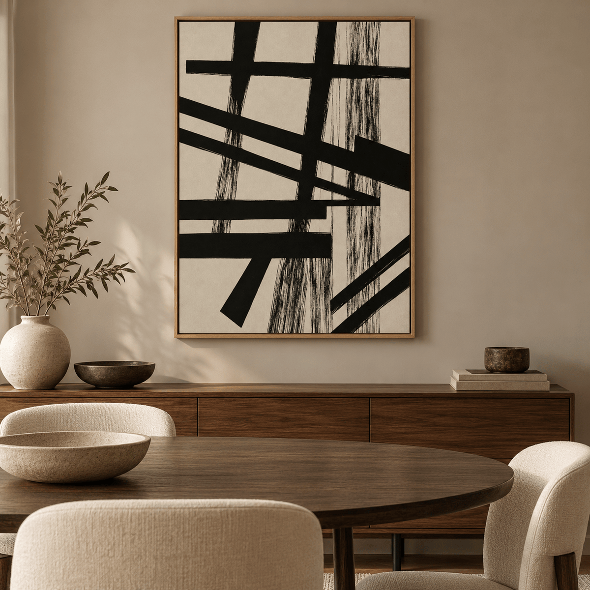 Black and Tan Wall Art – Crossed Beams by Rossetti Art, canvas print above a sideboard in a warm dining room