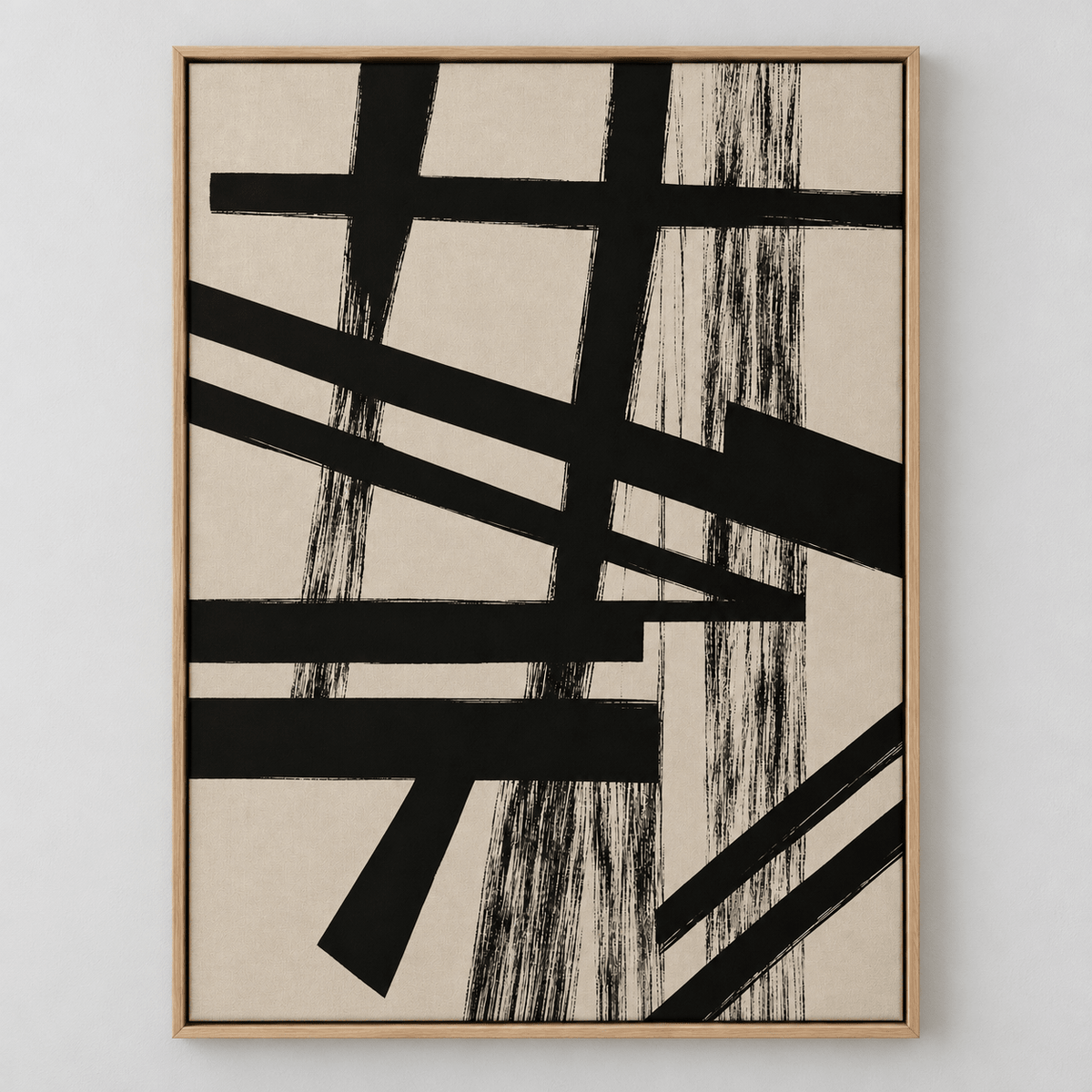 Black and Tan Wall Art – Crossed Beams by Rossetti Art, vertical canvas print with bold black brushstrokes on warm beige