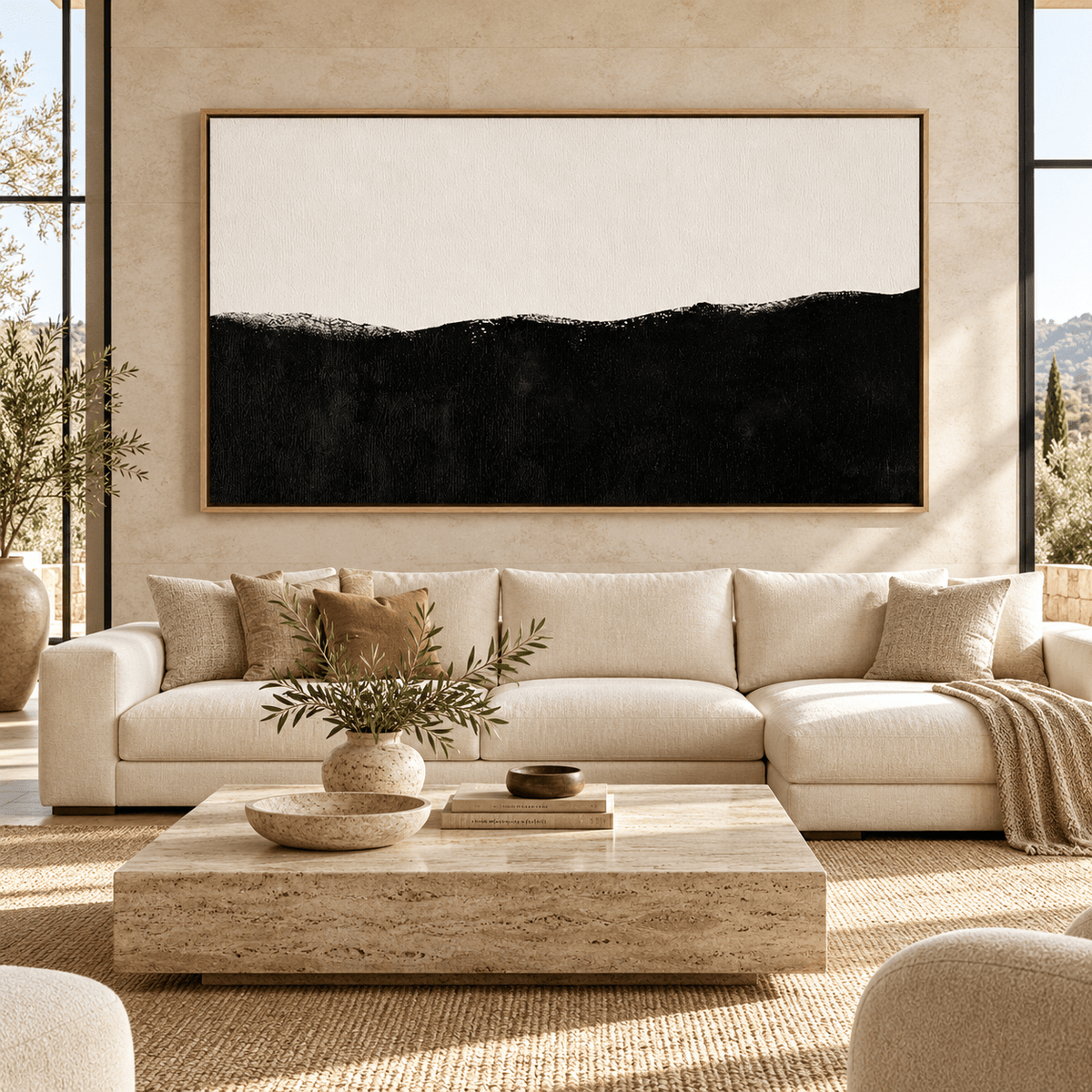 Black and White Mountain Wall Art – Midnight Ridge above a sofa by Rossetti Art
