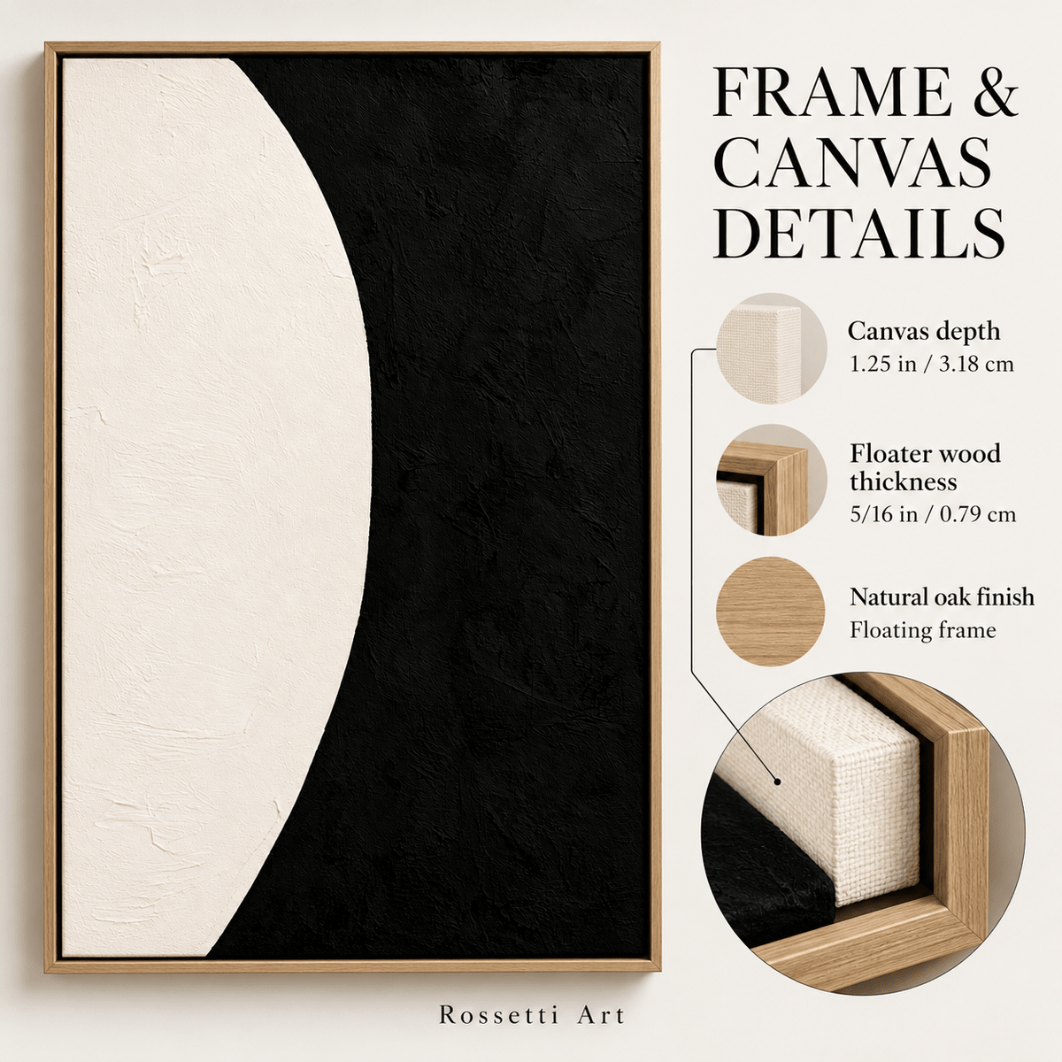 Black and White Vertical Wall Art – Cream Eclipse by Rossetti Art, canvas and floater frame details