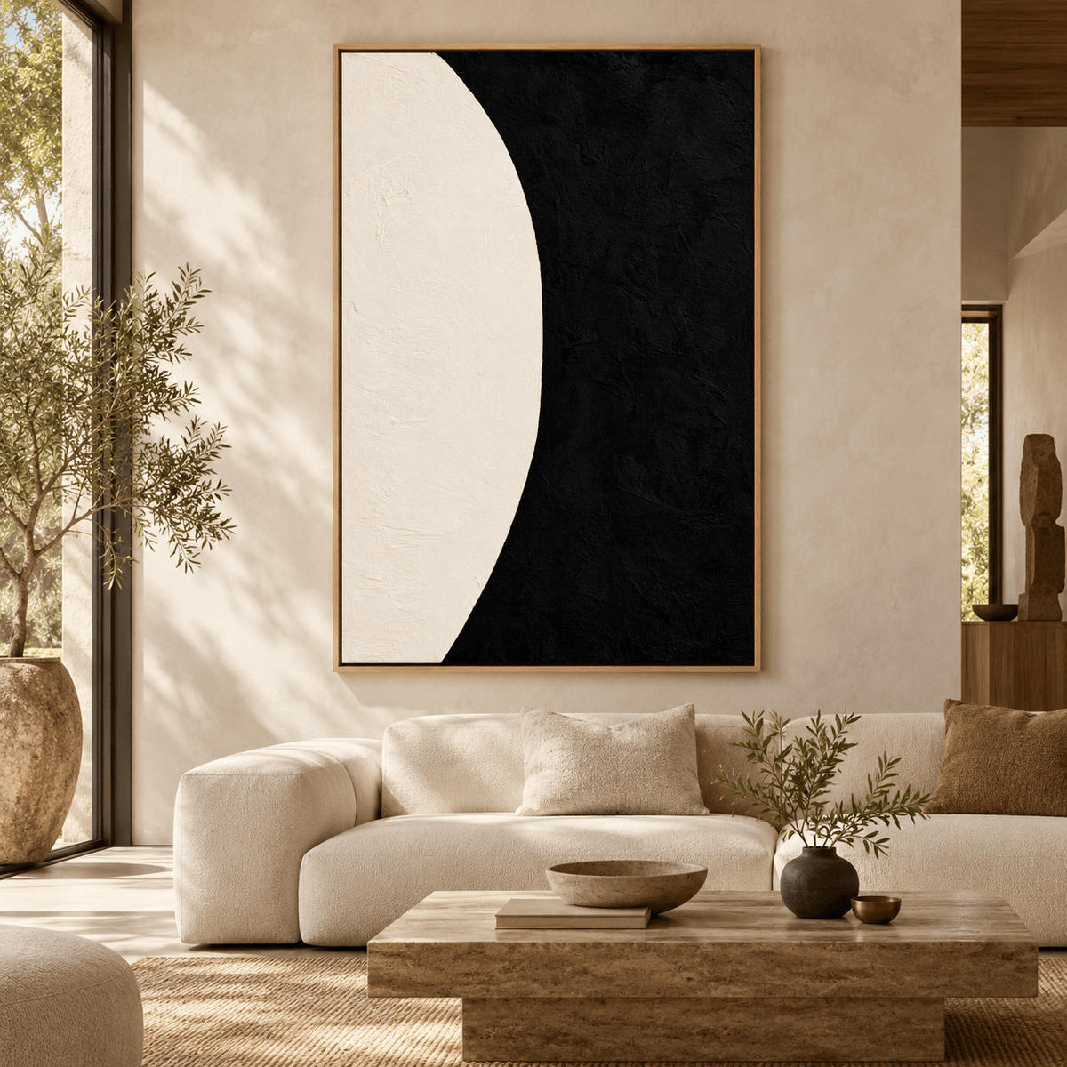 Black and White Vertical Wall Art – Cream Eclipse by Rossetti Art above a cream sofa in a living room