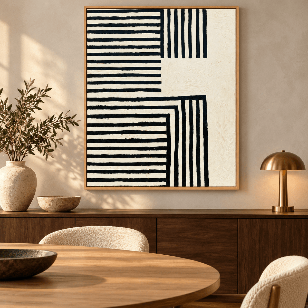 Black and White Wall Art for Living Room – Ivory Passage by Rossetti Art over a sideboard in a dining room