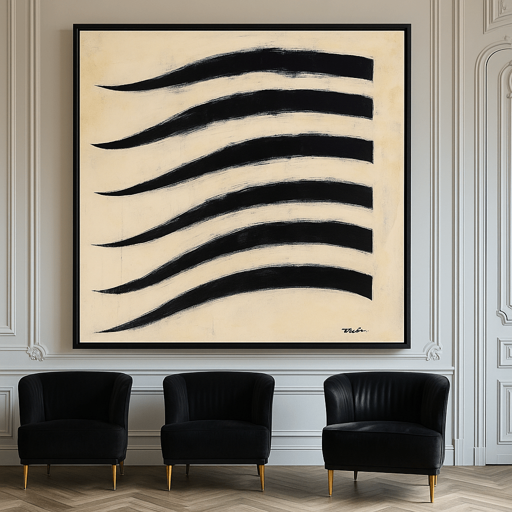 Canvas Print: Black Brushstroke Waves - Minimalist Abstract Wall Art modern abstract canvas wall art by Rossetti Art – luxury interior design artwork for living room, bedroom, office – Bold and Dynamic Artistic Home Accent Colorful Statement Wall Art Contemporary Grid Art