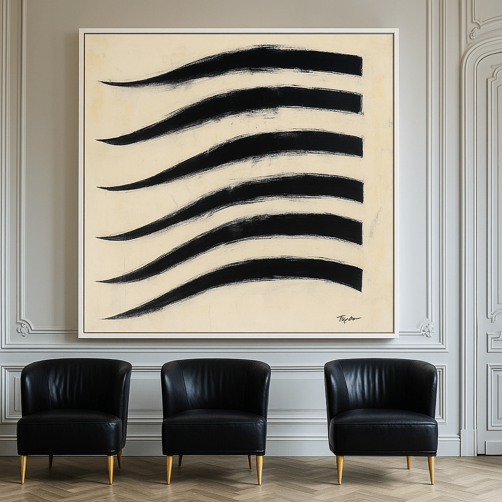 Canvas Print: Black Brushstroke Waves - Minimalist Abstract Wall Art modern abstract canvas wall art by Rossetti Art – luxury interior design artwork for living room, bedroom, office – Bold and Dynamic Artistic Home Accent Colorful Statement Wall Art Contemporary Grid Art