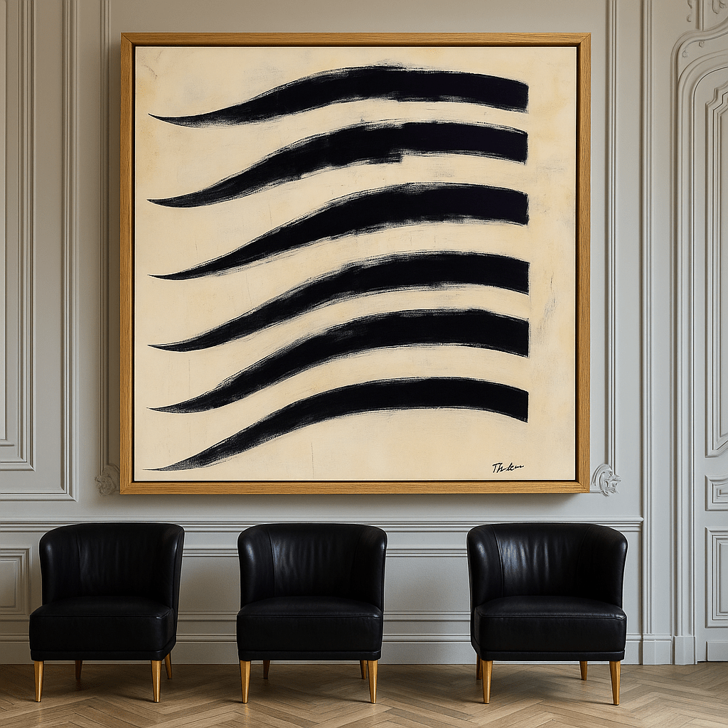 Canvas Print: Black Brushstroke Waves - Minimalist Abstract Wall Art modern abstract canvas wall art by Rossetti Art – luxury interior design artwork for living room, bedroom, office – Bold and Dynamic Artistic Home Accent Colorful Statement Wall Art Contemporary Grid Art