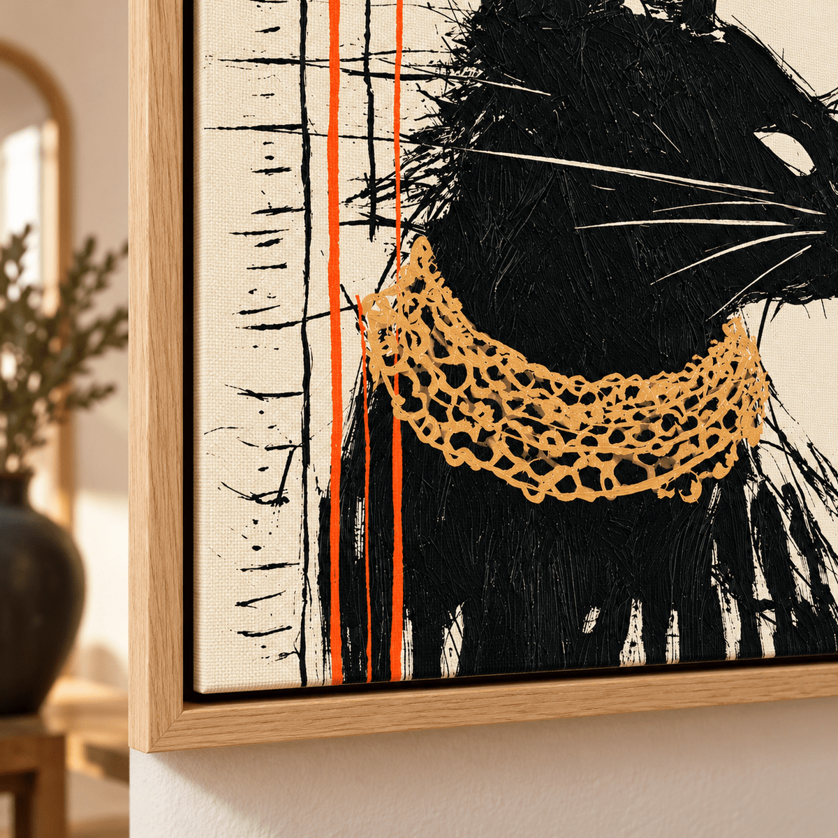 Black Cat Art Print Canvas – Gilded Stare by Rossetti Art, close-up of the gold chain and brush texture