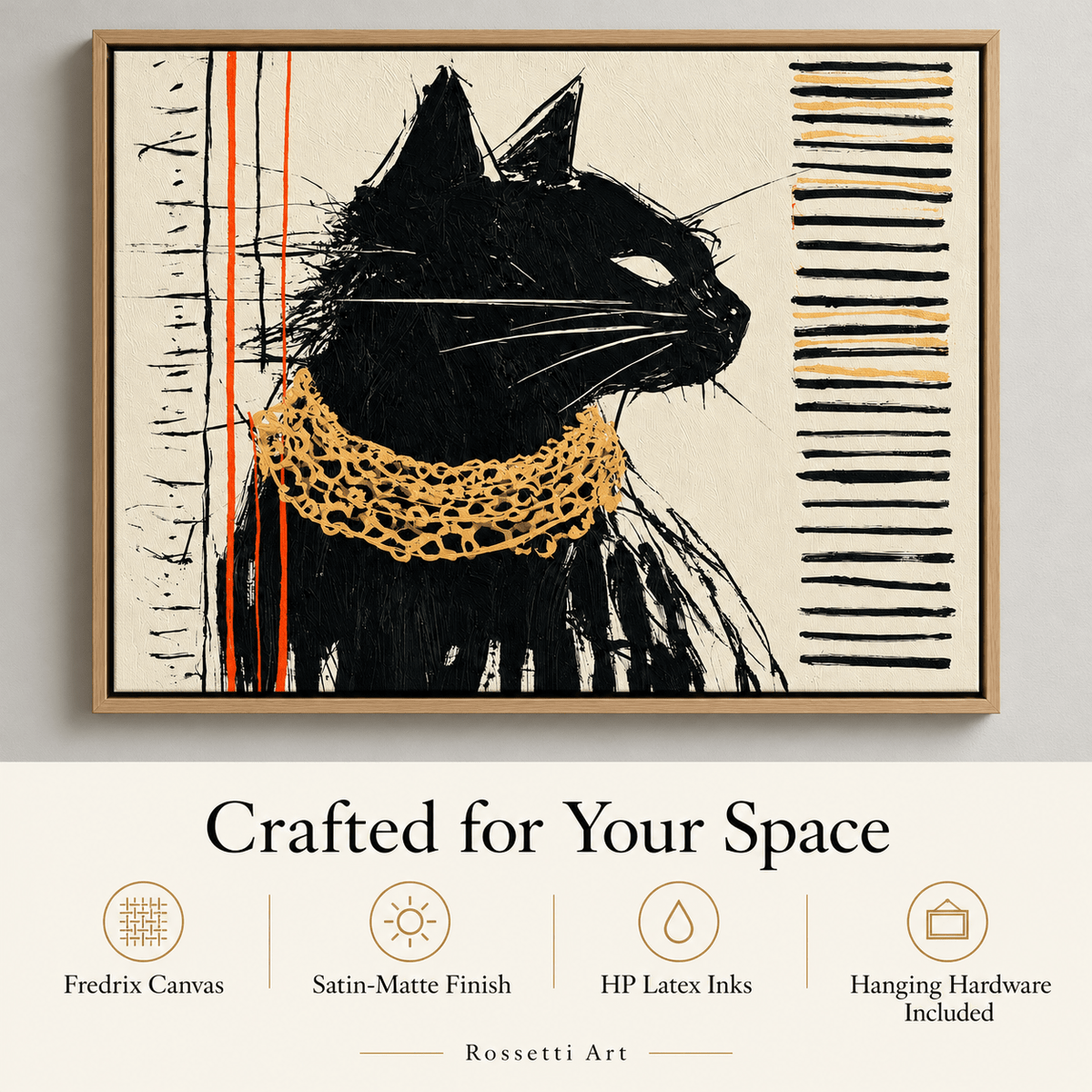 Black Cat Art Print Canvas – Gilded Stare by Rossetti Art, horizontal black cat canvas with floater frame