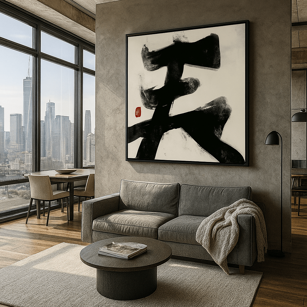 Canvas Print: Black Ink Harmony – Minimalist Zen Calligraphy Canvas Print | Modern Abstract Wall Art modern abstract canvas wall art by Rossetti Art – luxury interior design artwork for living room, bedroom, office – abstract wall art canvas print art Chiara Rossetti