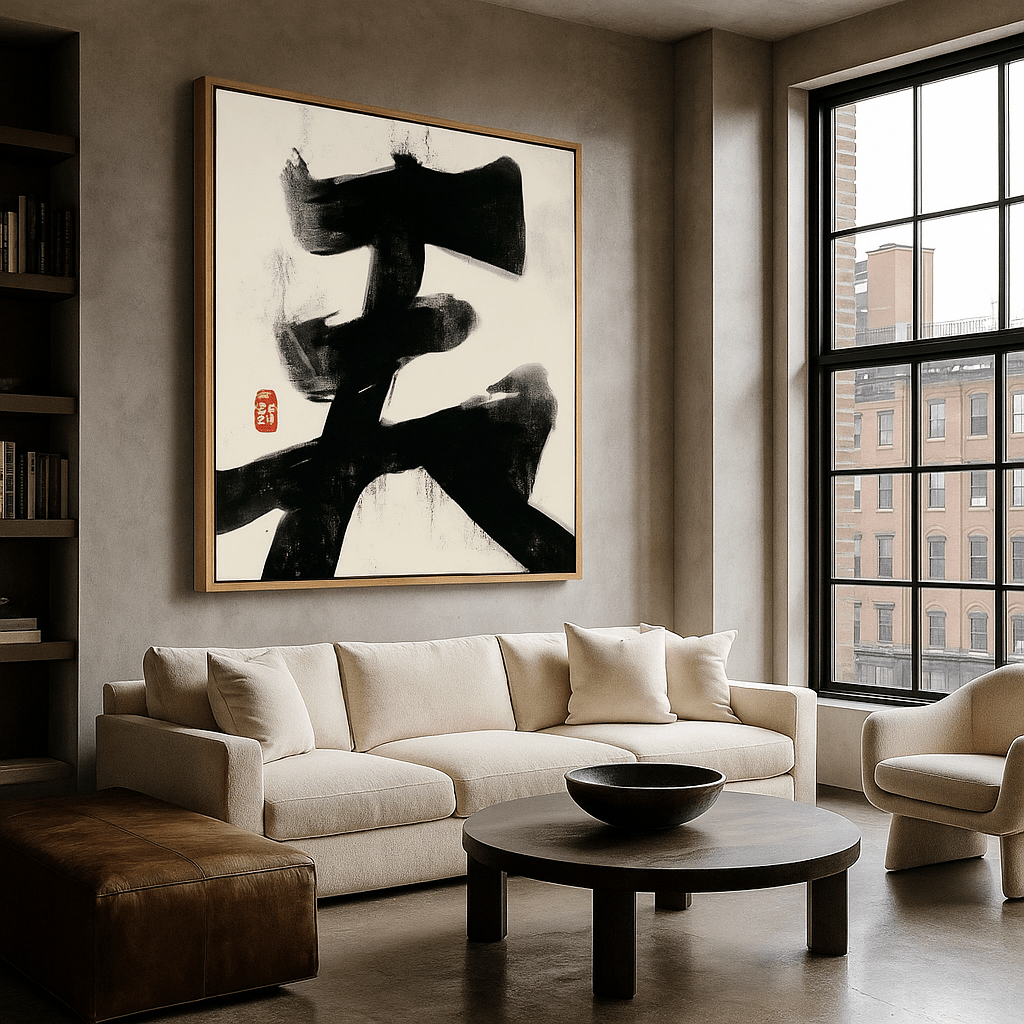Canvas Print: Black Ink Harmony – Minimalist Zen Calligraphy Canvas Print | Modern Abstract Wall Art modern abstract canvas wall art by Rossetti Art – luxury interior design artwork for living room, bedroom, office – abstract wall art canvas print art Chiara Rossetti