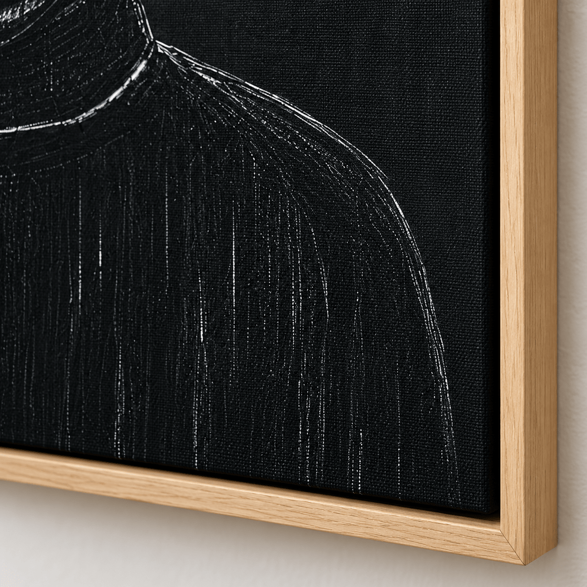 Black Portrait Painting Canvas Print – Midnight Gaze floater frame corner detail by Rossetti Art