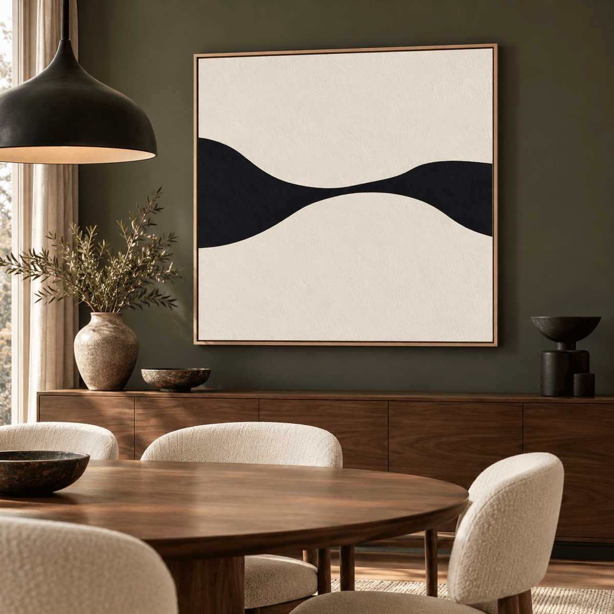 Black Wave Wall Art – Ink Meander by Rossetti Art over a walnut sideboard in a dining room