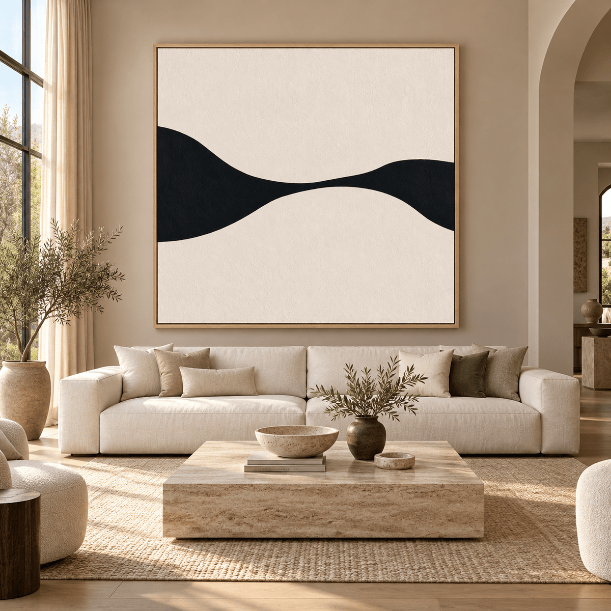 Black Wave Wall Art – Ink Meander by Rossetti Art above a cream sofa in a living room