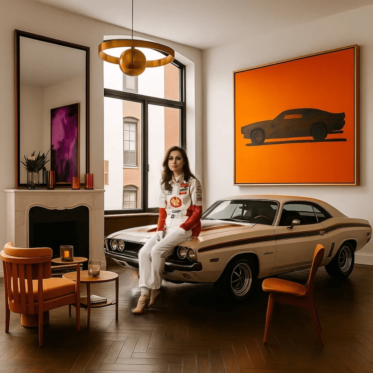Canvas Print : Blacked - Out Muscle: Retro Car Canvas Print on Burnt Orange - Chiara Rossetti