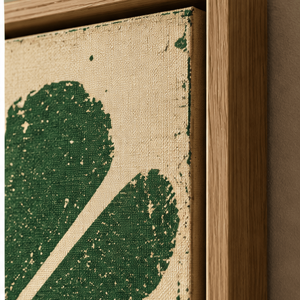 Close-up of green floral canvas print texture and oak floating frame corner