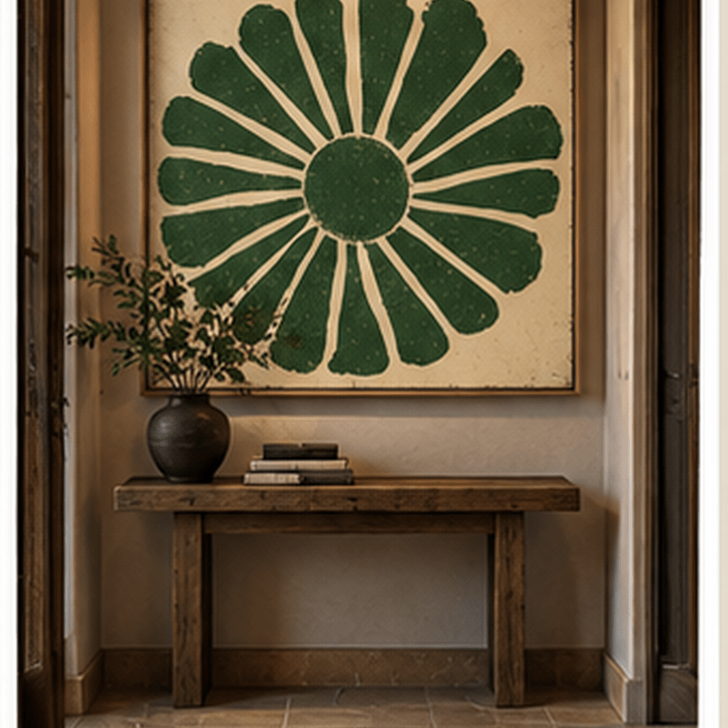 Green floral canvas print in oak floating frame styled in a warm modern entryway