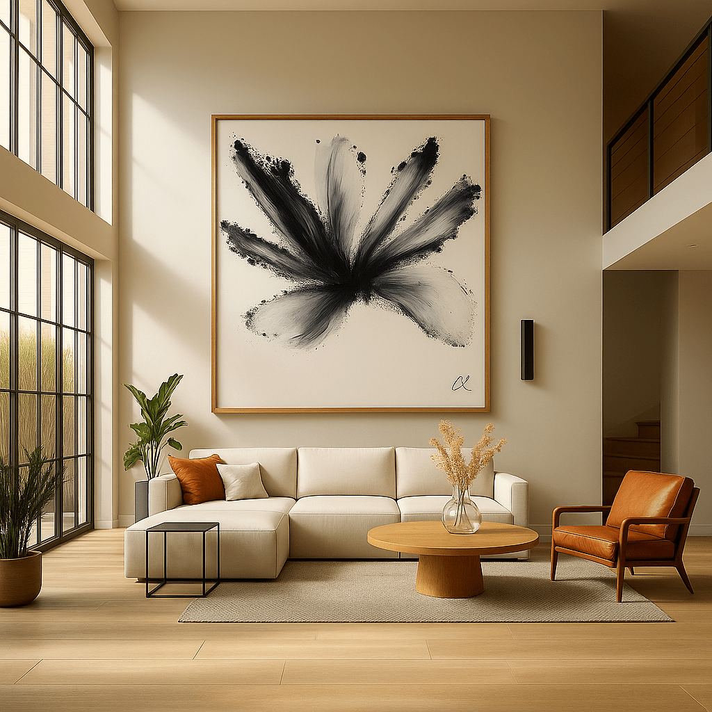 Canvas Print: Bloom in Motion – Black Abstract Brushstroke Wall Art modern abstract canvas wall art by Rossetti Art – luxury interior design artwork for living room, bedroom, office – Bold and Dynamic Artistic Home Accent Colorful Statement Wall Art Contemporary Grid Art