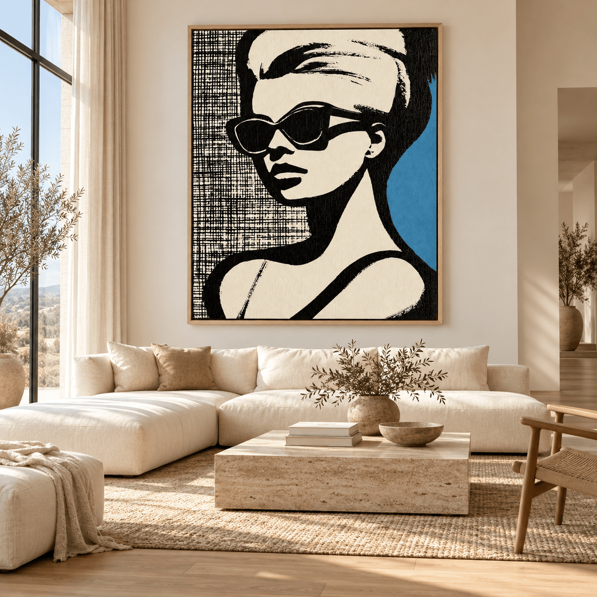 Blue and Black Wall Art – Cat-Eye Noir by Rossetti Art – large black, cream and blue portrait canvas above a cream sofa in a bright living room
