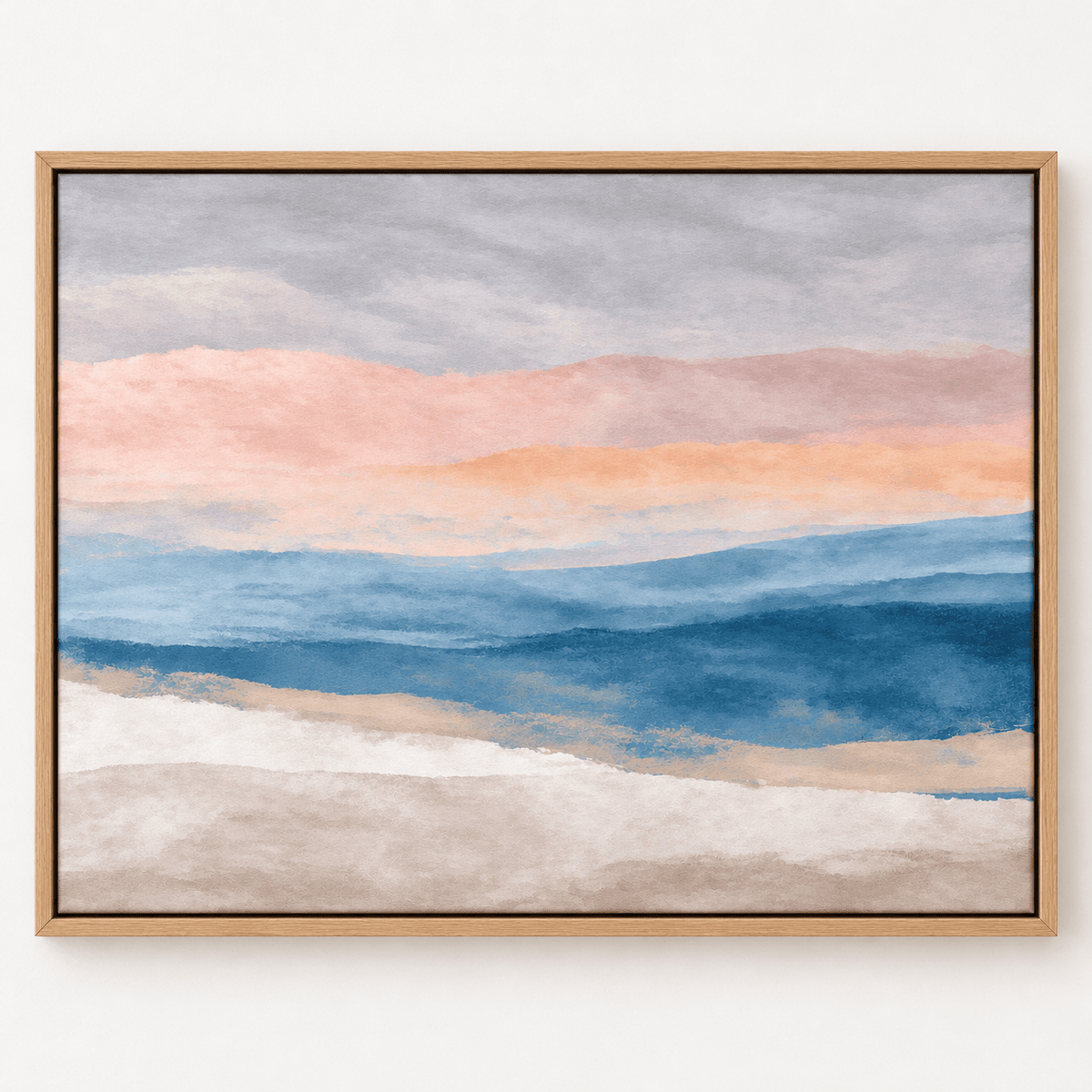 Blue and Gray Wall Art – Muted Horizon canvas print by Rossetti Art, layered peach and blue washes