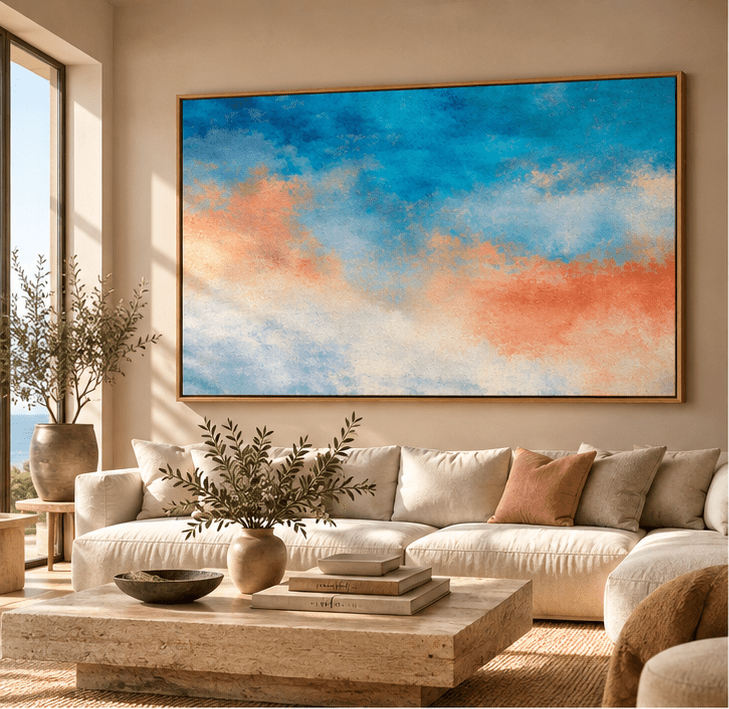 Blue and Orange Wall Art – Amber Haze by Rossetti Art – living room styling