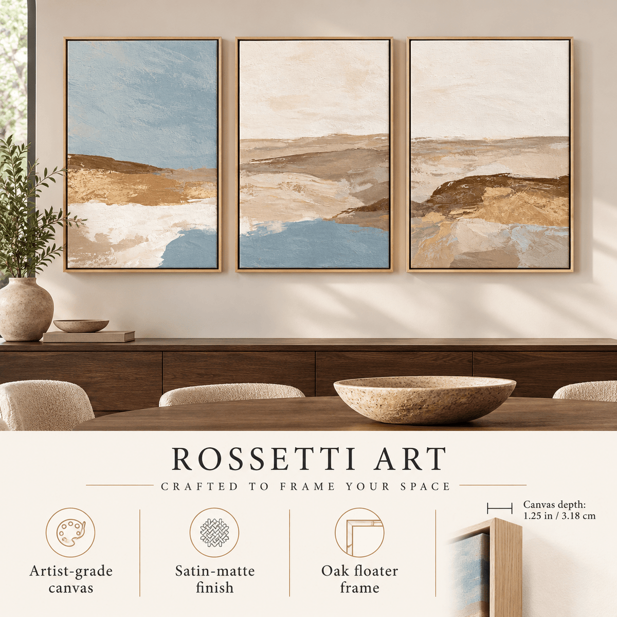 Blue and Tan Wall Art – Sand and Sky canvas print set of 3 by Rossetti Art, framed canvas trio
