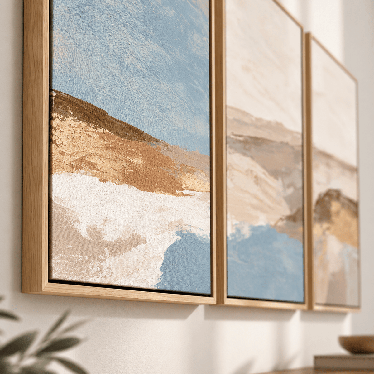 Blue and Tan Wall Art – Sand and Sky canvas print set of 3 by Rossetti Art, close-up of the textured canvas and floater frame