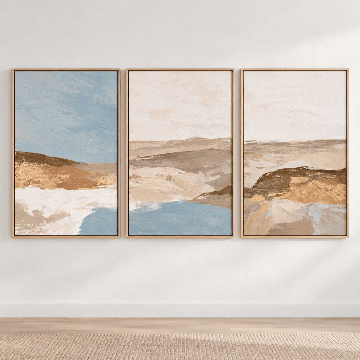 Blue and Tan Wall Art – Sand and Sky canvas print set of 3 by Rossetti Art, neutral framed abstract triptych