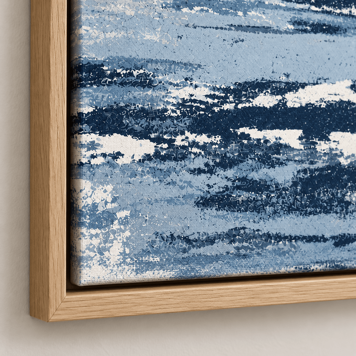 Blue and White Wall Art – Salt Current by Rossetti Art – close-up of the grainy navy and white brush-printed texture at the framed corner