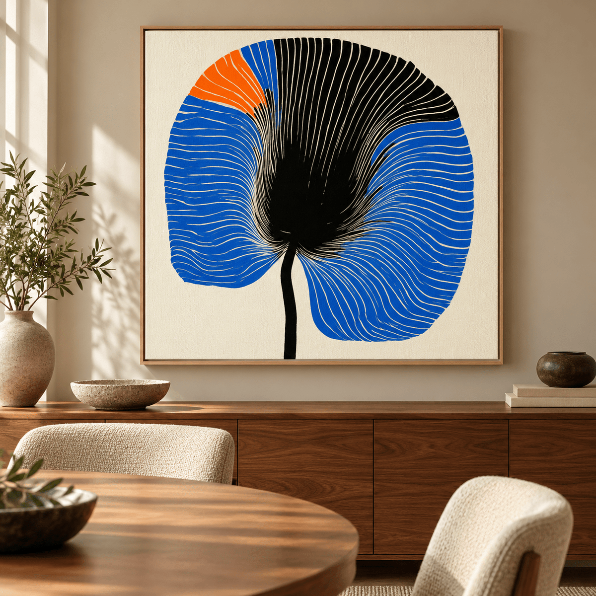 Blue Flower Wall Art – Cobalt Bloom by Rossetti Art above a wooden sideboard in a dining room