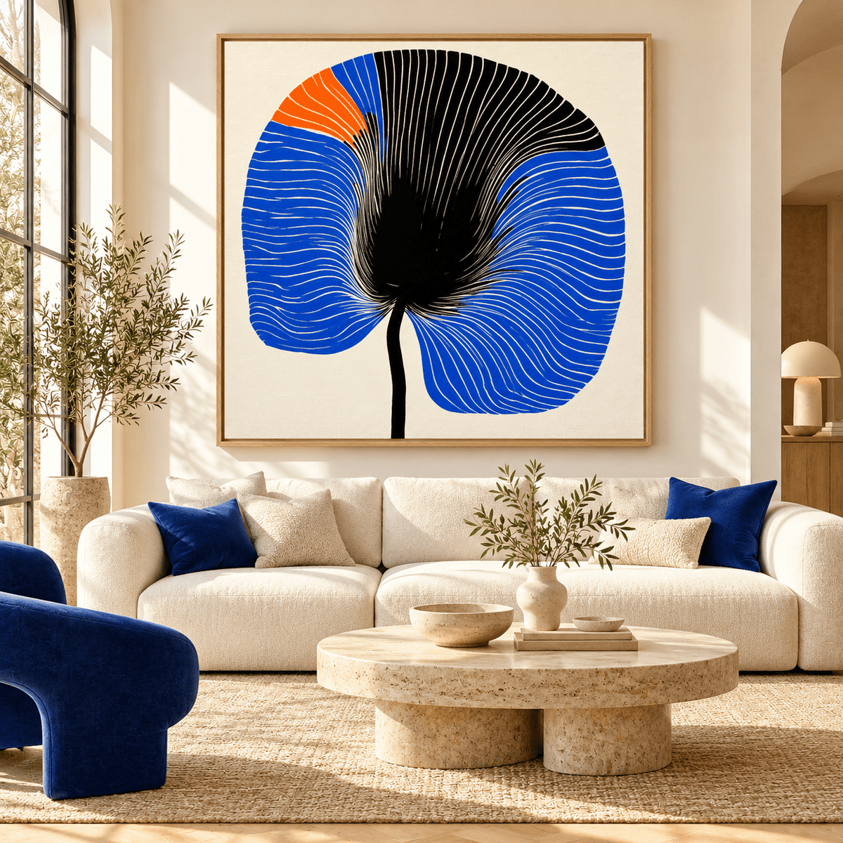 Blue Flower Wall Art – Cobalt Bloom by Rossetti Art above a cream sofa in a living room