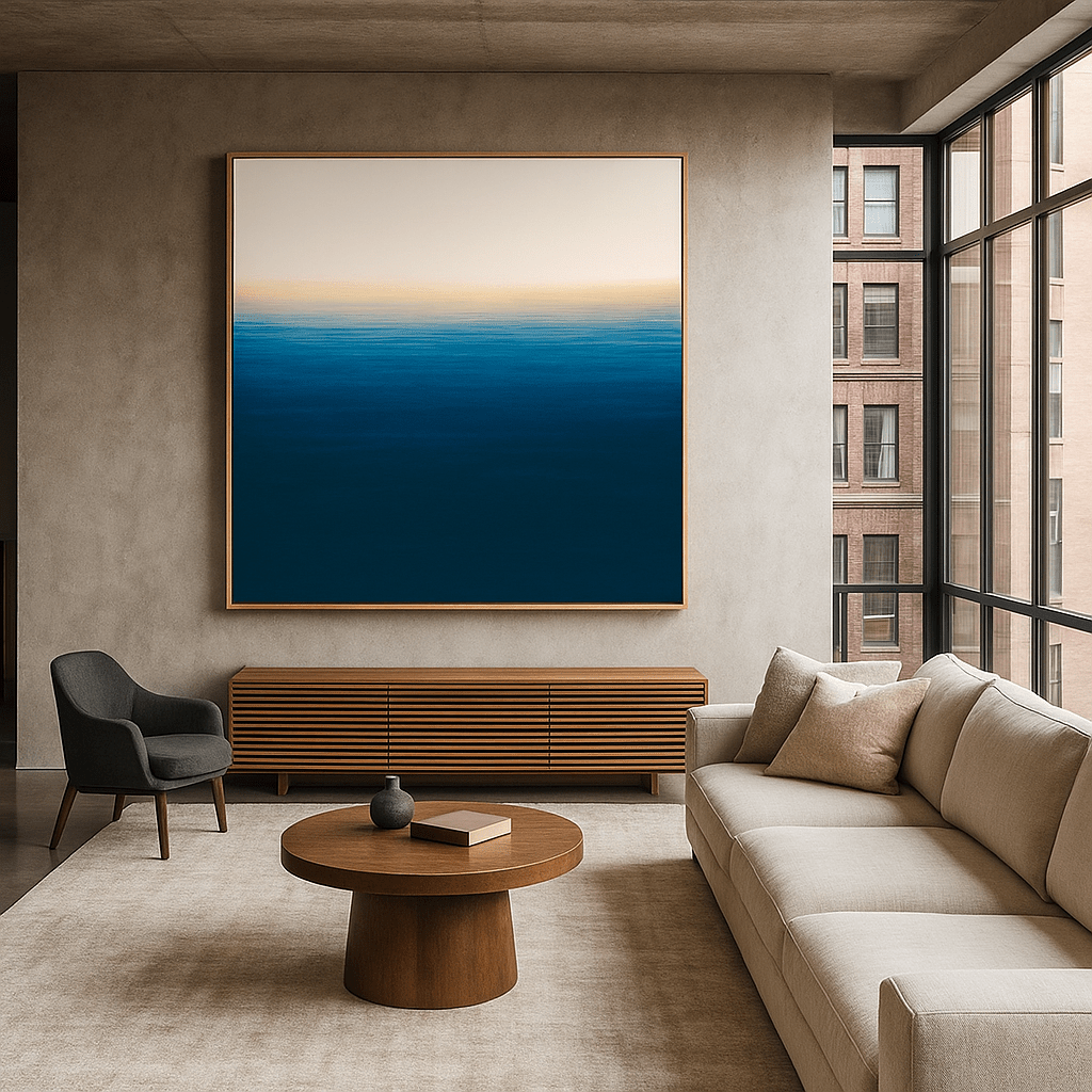 Canvas Print: Blue Horizon Abstract Canvas Print – Minimalist Ocean - Inspired Wall Art for Elegant Interiors | Rossetti Art modern abstract canvas wall art by Rossetti Art – luxury interior design artwork for living room, bedroom, office – abstract wall art contemporary wall design extra large canvas wall art for living room