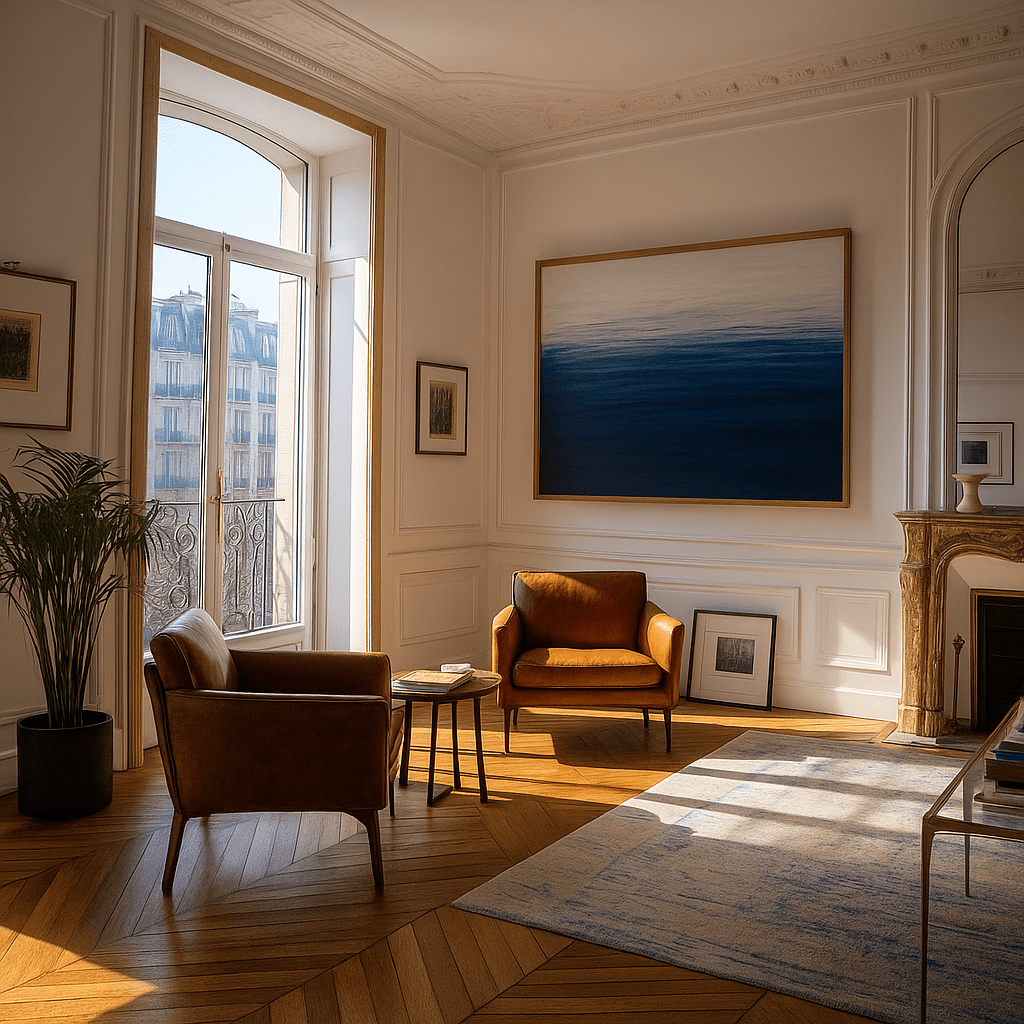 Canvas Print: Blue Horizon Abstract Canvas Print – Minimalist Ocean - Inspired Wall Art for Elegant Interiors | Rossetti Art modern abstract canvas wall art by Rossetti Art – luxury interior design artwork for living room, bedroom, office – abstract wall art contemporary wall design extra large canvas wall art for living room