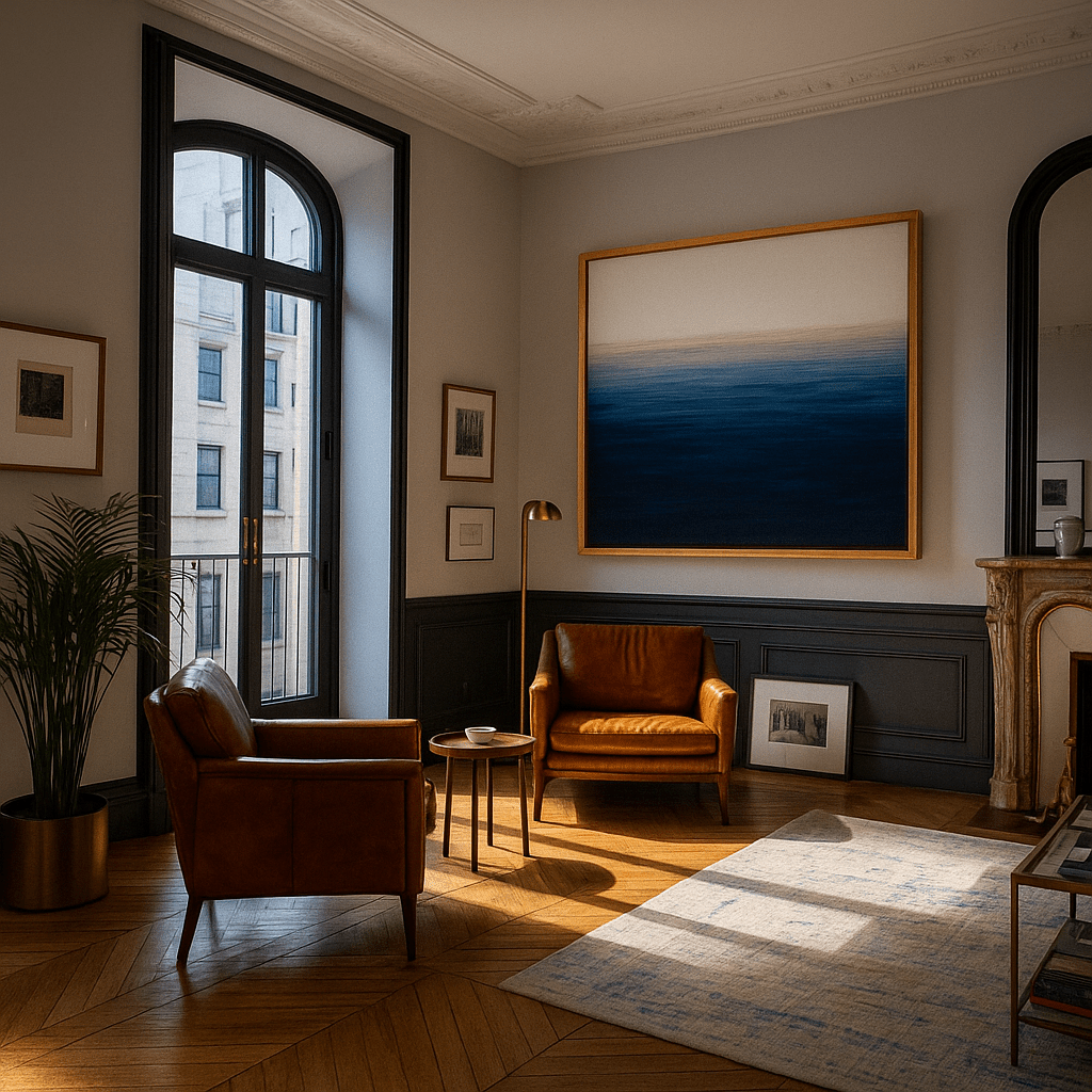 Canvas Print: Blue Horizon Abstract Canvas Print – Minimalist Ocean - Inspired Wall Art for Elegant Interiors | Rossetti Art modern abstract canvas wall art by Rossetti Art – luxury interior design artwork for living room, bedroom, office – abstract wall art contemporary wall design extra large canvas wall art for living room