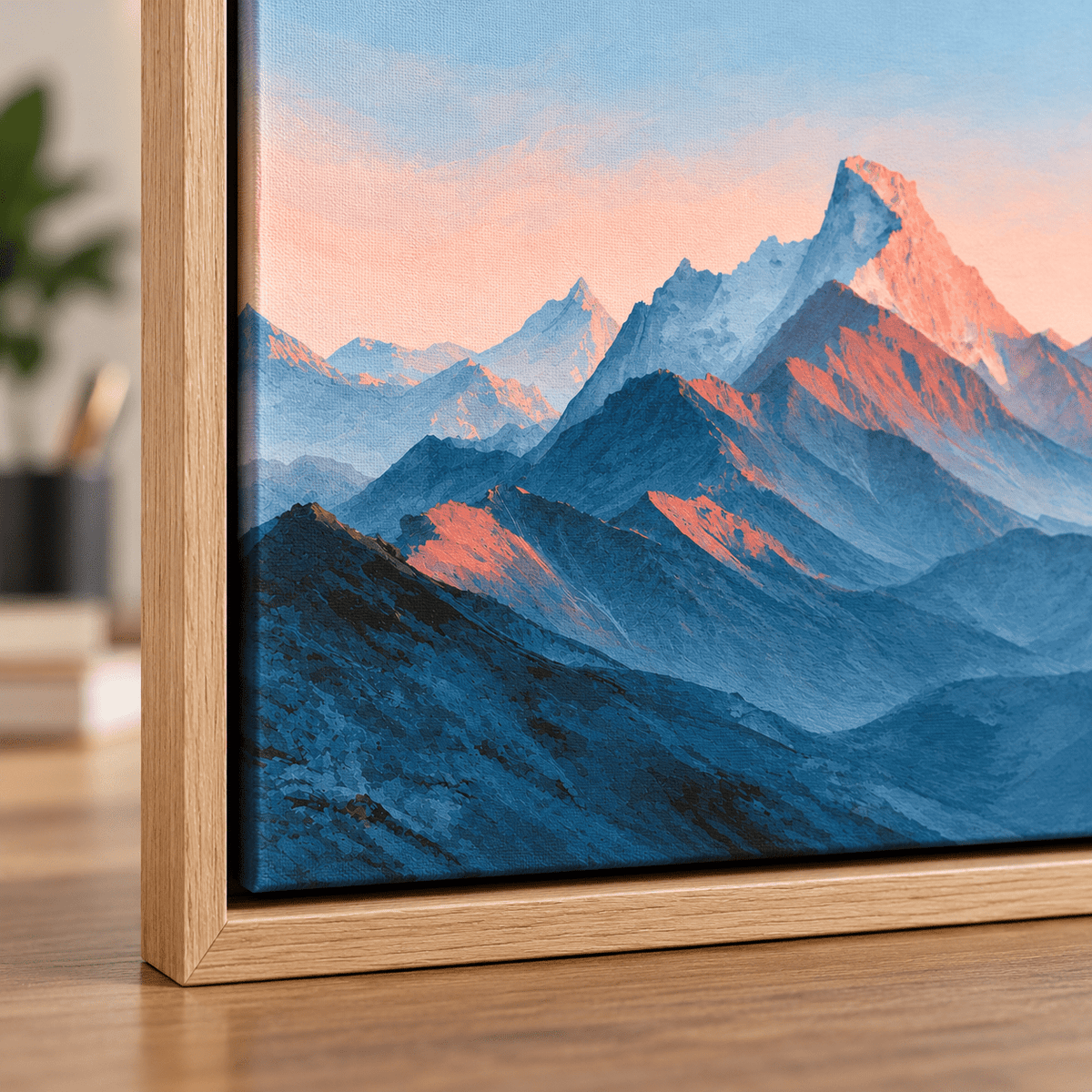 Close-up corner of the Alpine Dawn canvas print in a hardwood floater frame